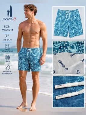 Johnnie-O Blue Octopus Print Swim Trunks Men’s Medium 7” Inseam Lined Drawstring